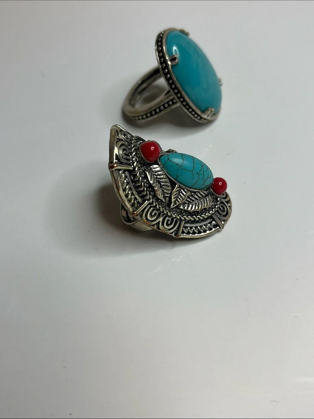 Turquoise and Coral Accent Silver Rings - Teal Blue Statement Jewelry